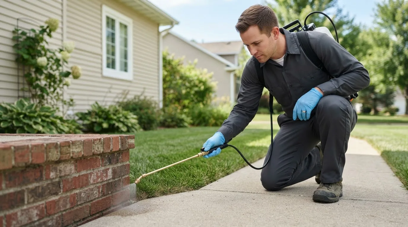 Pest control technician treating a home near Devers, TX