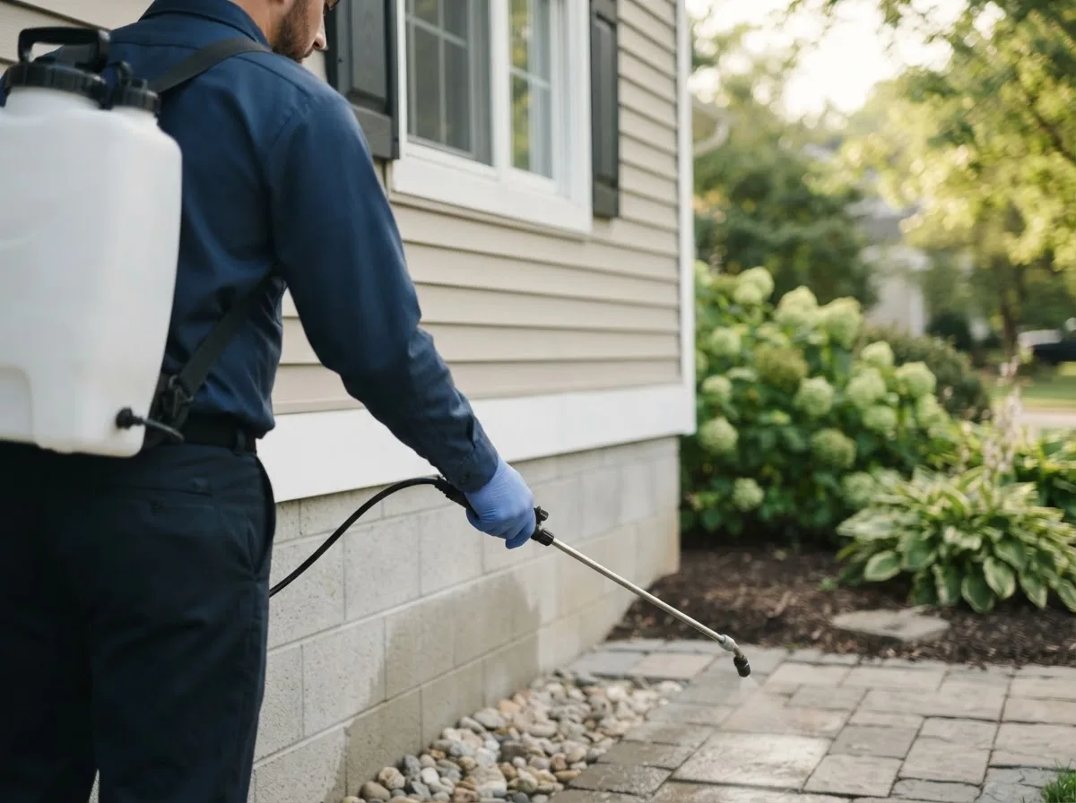 Pest control technician inspecting a home in Devers, TX